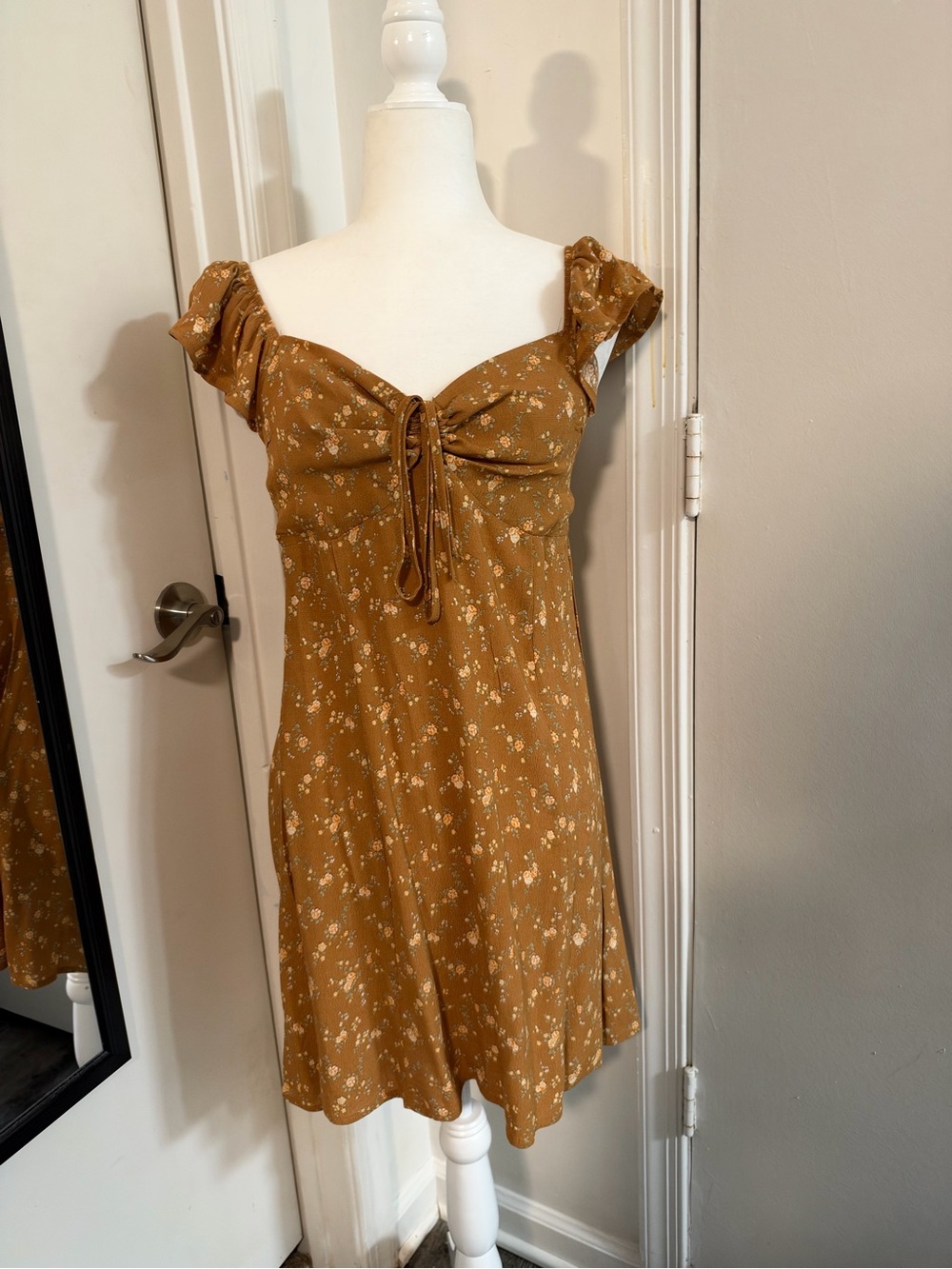 The Workshop Mustard Floral Tie-Front Mini Dress with Puff Sleeves